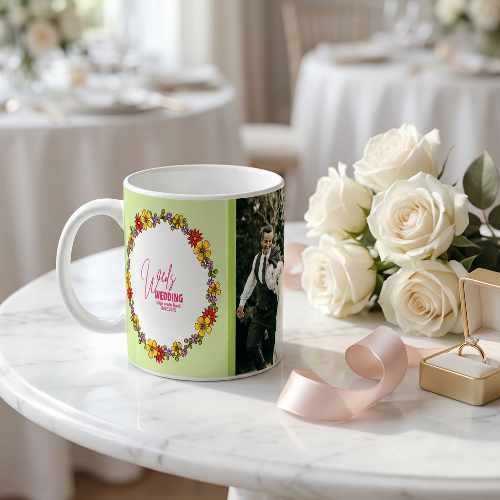 Floral Wedding Wreath – Custom Photo Print Ceramic Mug (11oz) - Personalized Gift for Couples