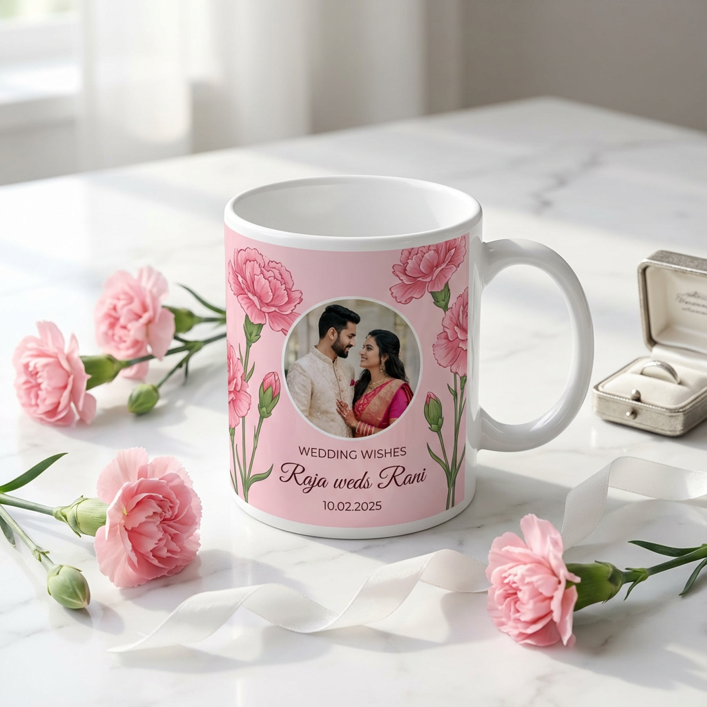 Blushing Floral Wedding Wishes – Custom Photo Print Ceramic Mug (11oz) - Personalized Couple Gift