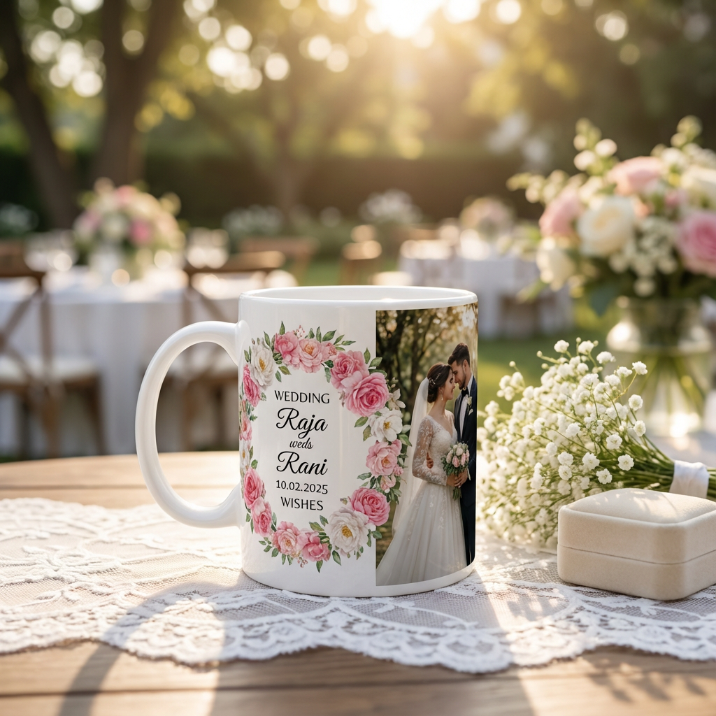 Floral Wedding Wreath – Custom Photo Print Ceramic Mug (11oz) - Personalized Gift & Keepsake