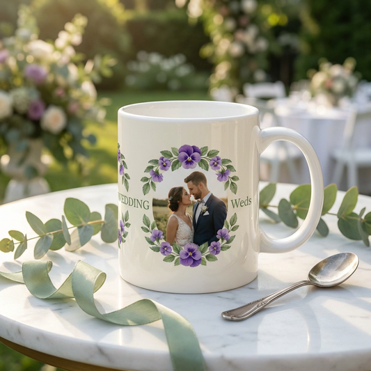 Elegant Floral Pansy Wreath – Custom Photo Print Ceramic Mug (11oz) - Personalized Wedding Gift