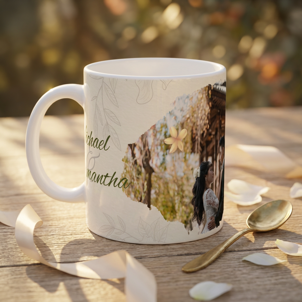 Elegant Botanical Wedding – Custom Photo Print Ceramic Mug (11oz) - Personalized Couple Keepsake