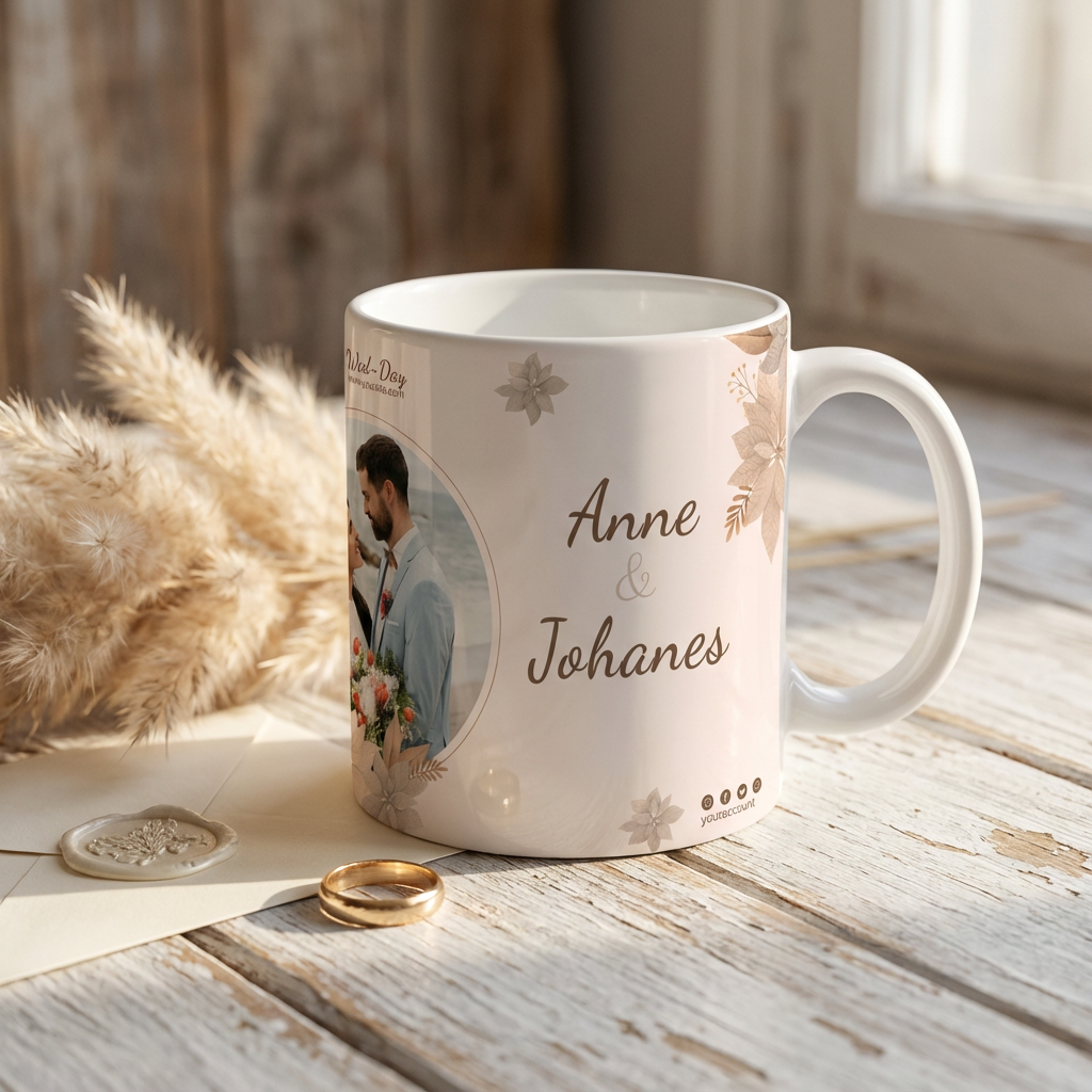 Rustic Beige Floral – Custom Photo Print Ceramic Mug (11oz) - Personalized Wedding Gift