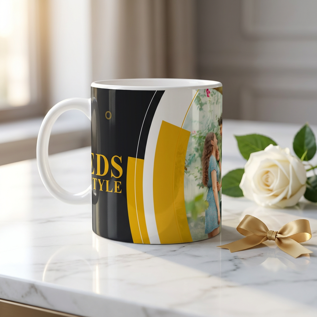Weds Style Black & Gold – Custom Photo Print Ceramic Mug (11oz) - Personalized Gift for Couples