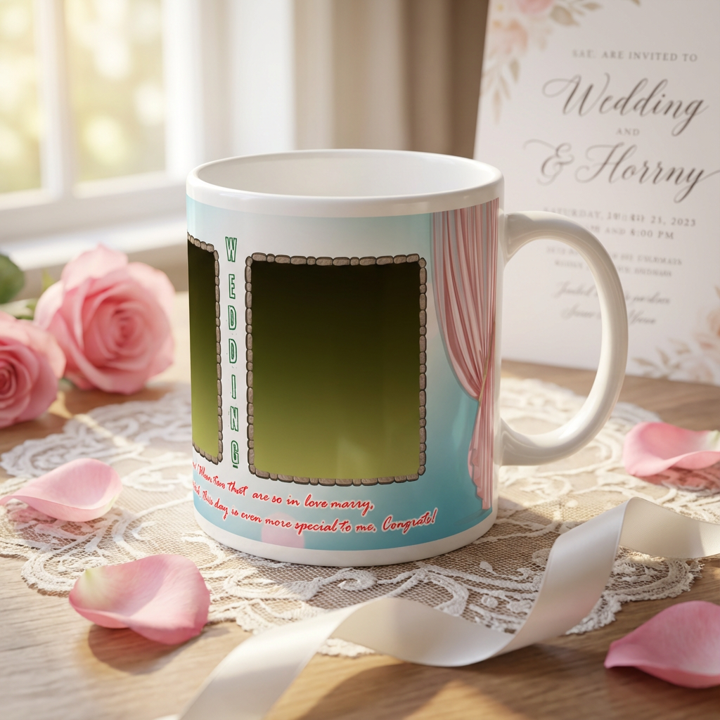 Pink Curtain Wedding Tribute – Custom Photo Print Ceramic Mug (11oz) - Dual Photo Frames