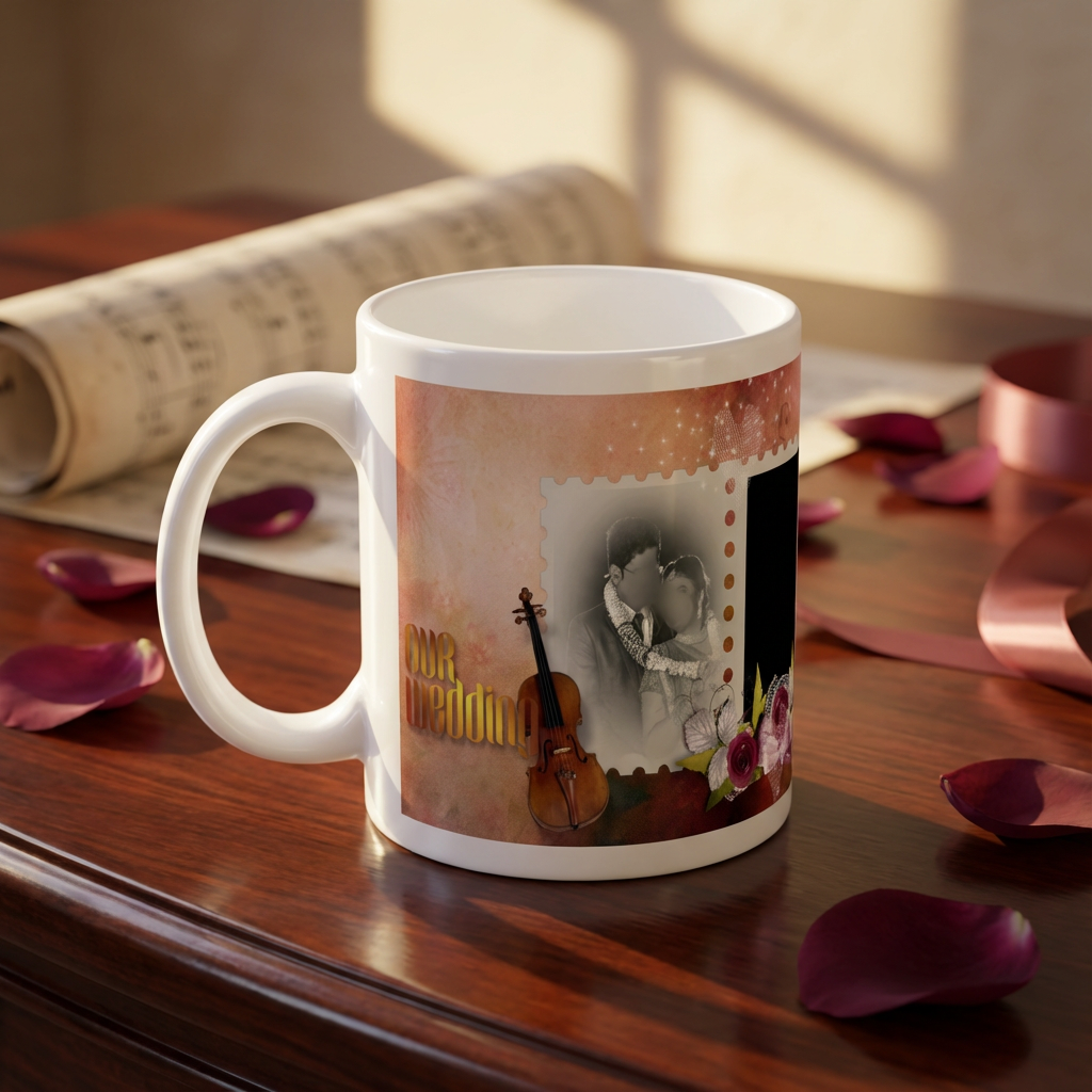 Vintage Violin & Red Roses – Custom Photo Print Ceramic Mug (11oz) - Romantic Wedding Keepsake