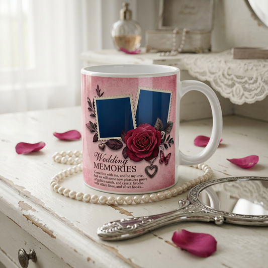 Wedding Memories Rose – Custom Photo Print Ceramic Mug (11oz) - Personalized Gift for Couples