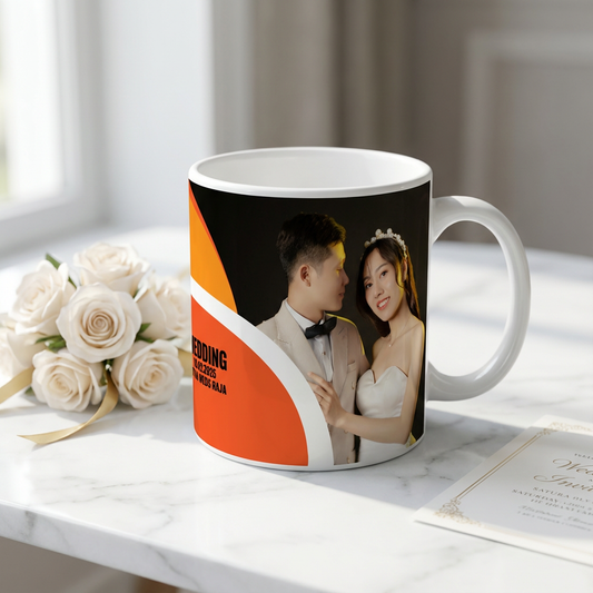 Modern Orange Wave Wedding – Custom Photo Print Ceramic Mug (11oz) - Personalized Gift for Couples