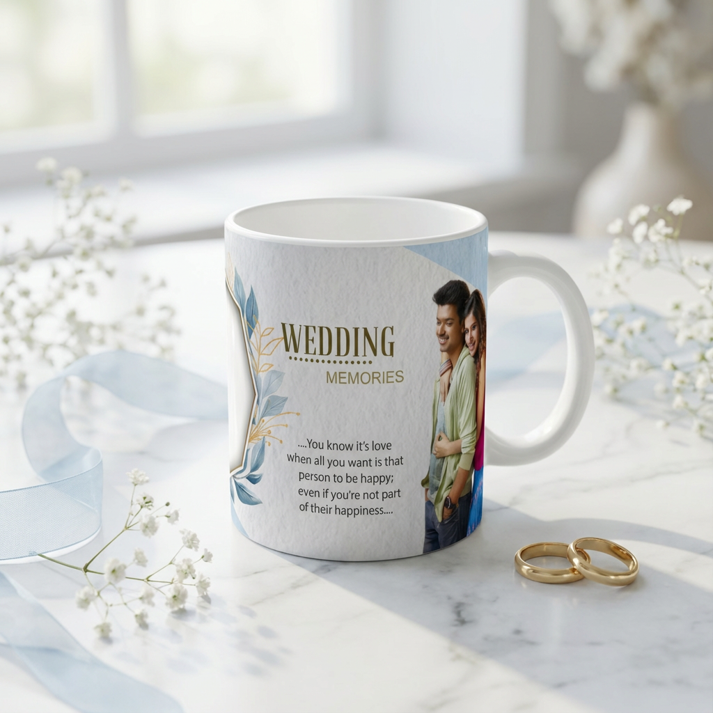 Blue Floral Wedding Memories – Custom Photo Print Ceramic Mug (11oz) - Romantic Anniversary Keepsake