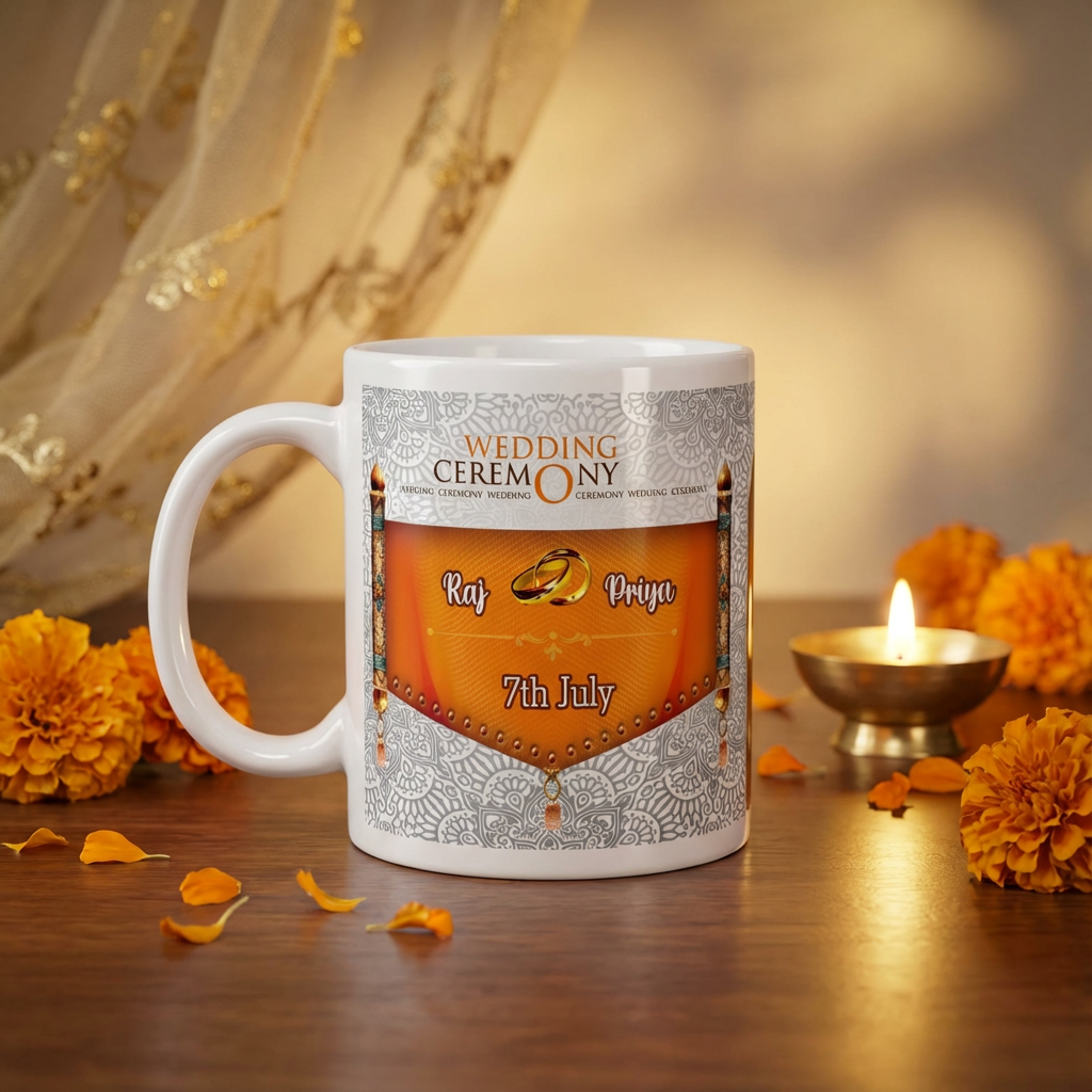 Royal Wedding Scroll – Custom Photo Print Ceramic Mug (11oz) - Personalized Gift with Dual Photo Frames