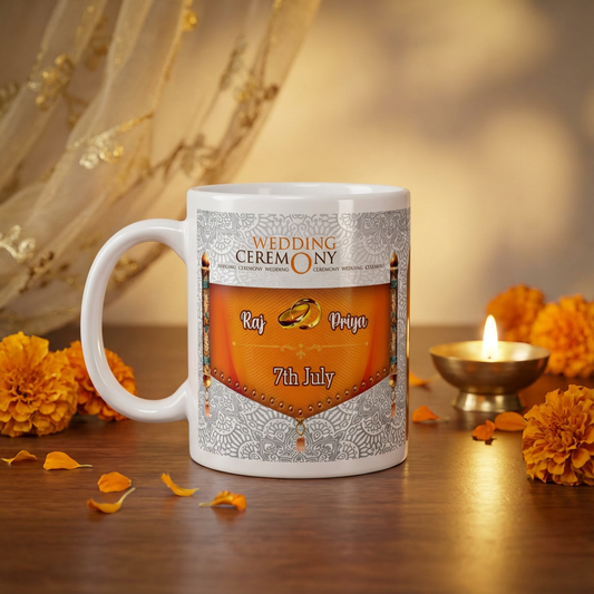 Royal Wedding Scroll – Custom Photo Print Ceramic Mug (11oz) - Personalized Gift with Dual Photo Frames