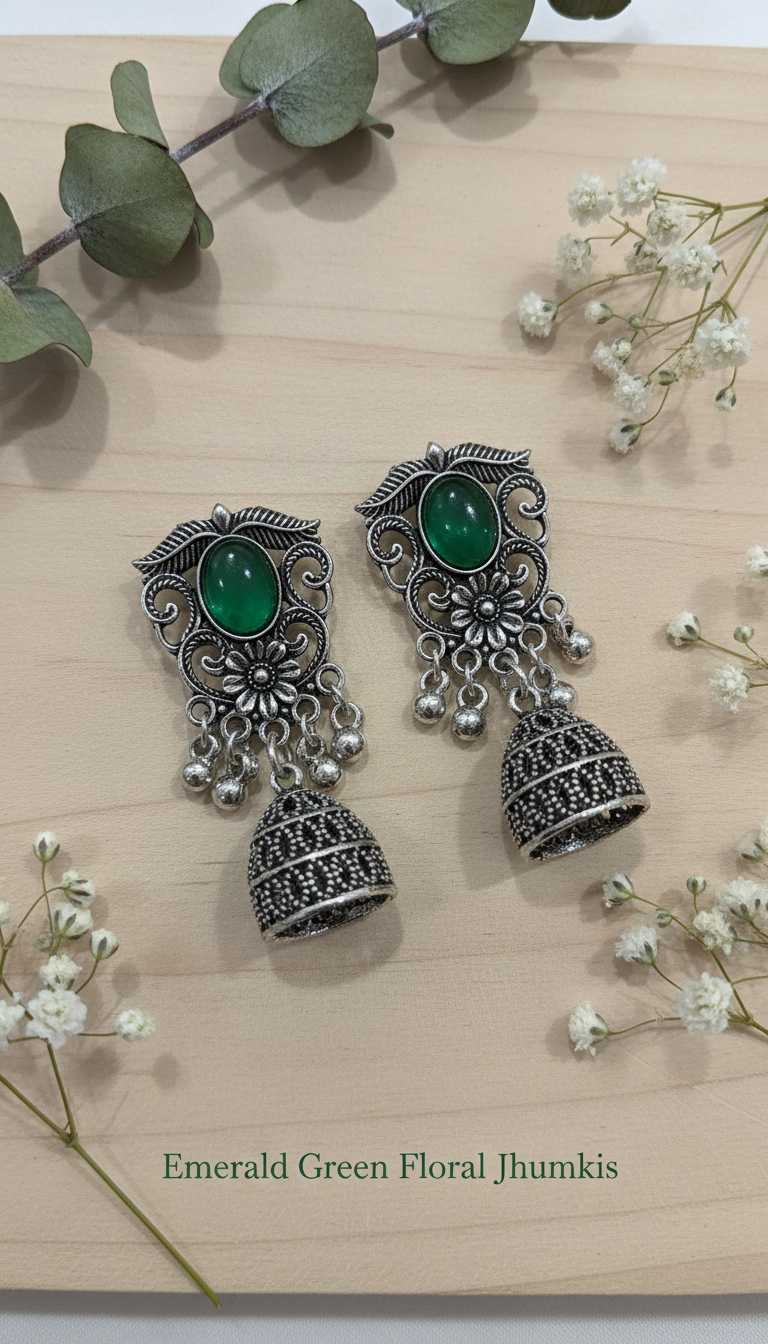 Oxidised Silver Jhumki Earrings – Combo of 5 Multicolor Stone Drops