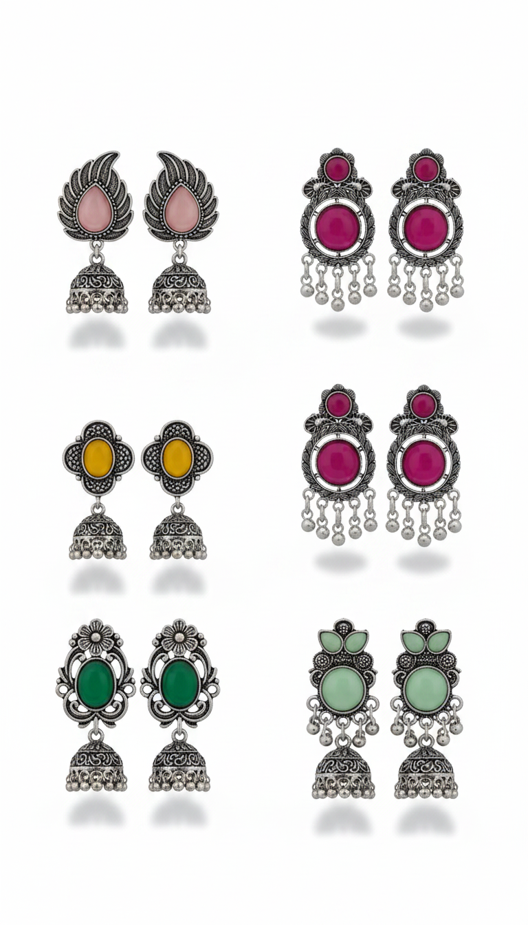Oxidised Silver Jhumki Earrings – Combo of 5 Multicolor Stone Drops