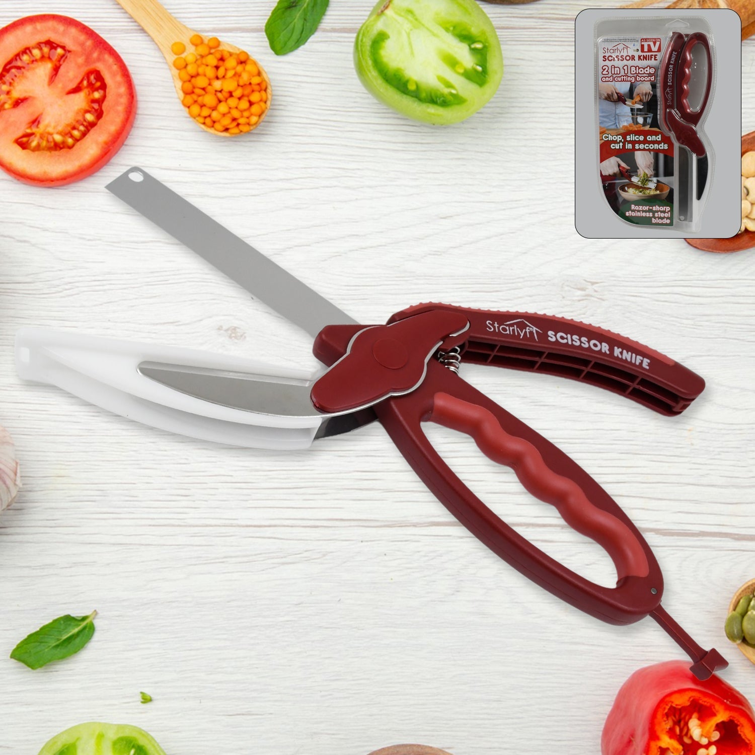 2 In 1 Kitchen Knife Scissor With Spring Locking Hinge And Chopping Board (1 Pc  With Card Packing) - Happy Price - Image 1