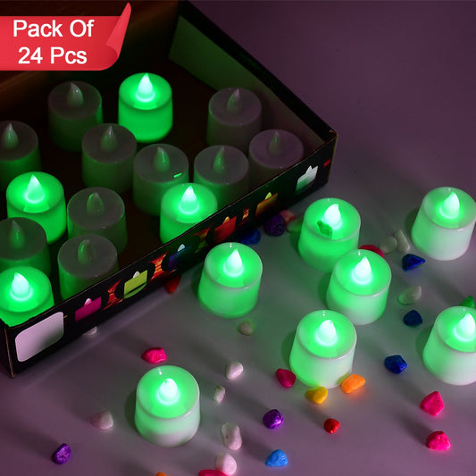 Green LED Flameless Tealight Candles - Pack of 24 for Home Decor