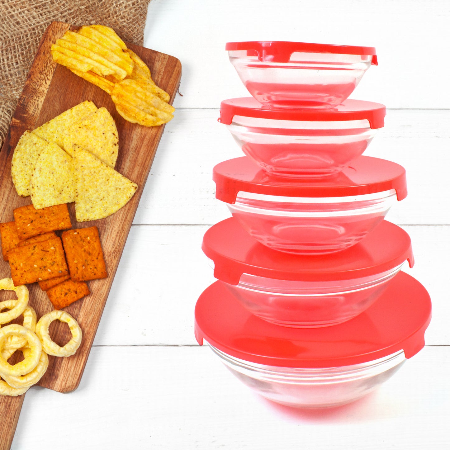 Modern Glass Bowl Set Mixing  Storage Bowls With Red Lids (5 Pcs Set) - Happy Price - Image 2