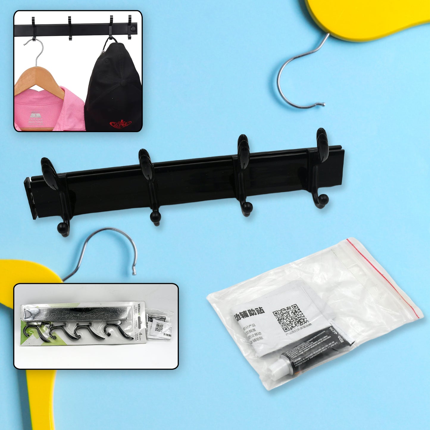 Cloth Hanger Wall Door Hooks Rail For Hanging Clothes For Hanging Hook Rack Rail Extra Long Coat Hanger Wall Mount For Clothes Jacket Hats 6 Hook With Eco-friendly Liquid Adhesive Glue - Happy Price - Image 6