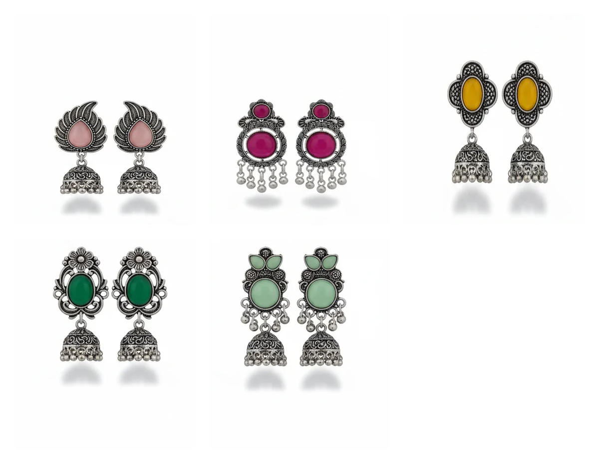 Oxidised Silver Jhumki Earrings – Combo of 5 Multicolor Stone Drops