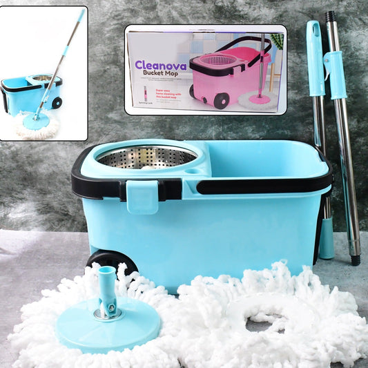 360 Spin Mop with 2 Super Absorbent Microfiber Heads & Wheels Bucket