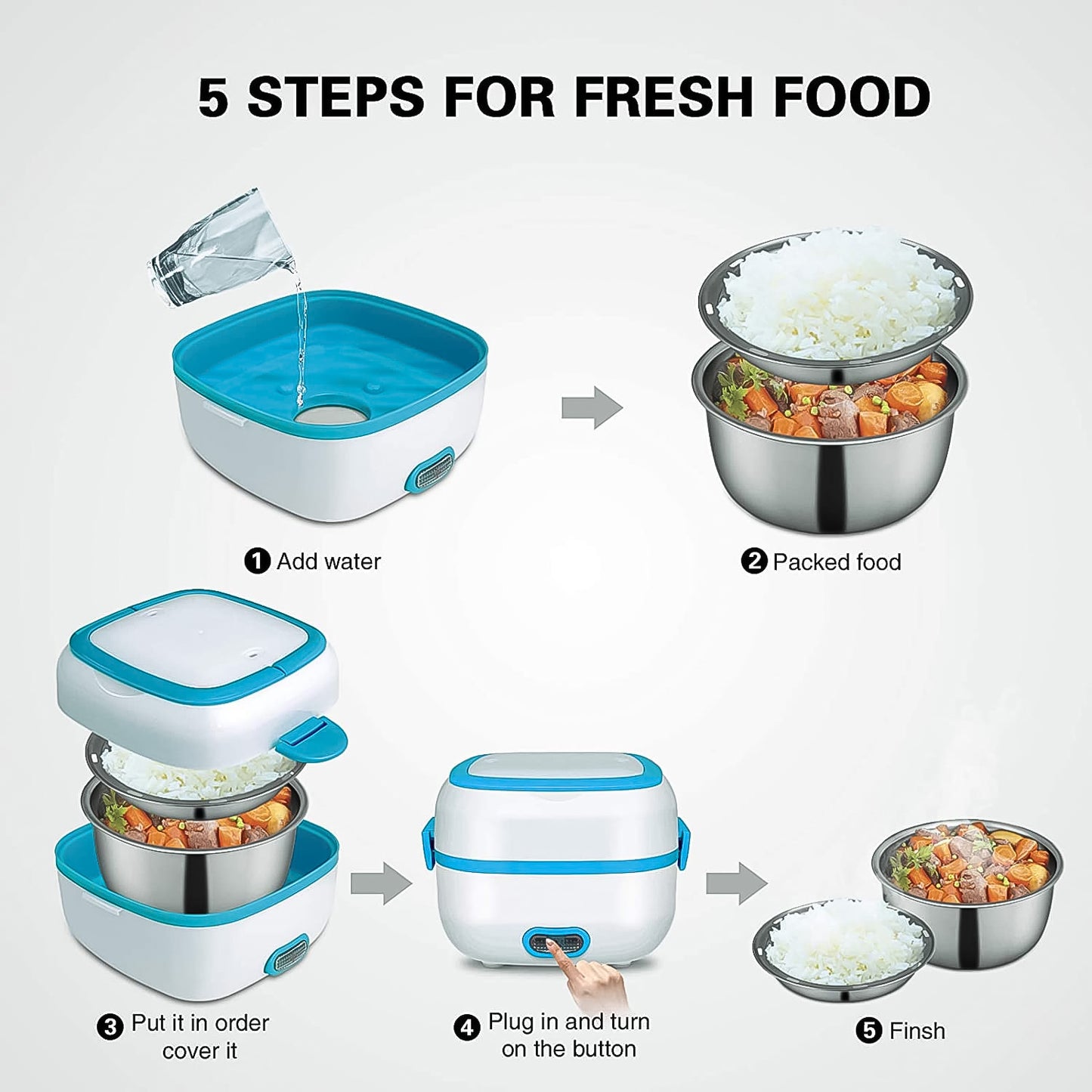 Electric Lunch Box 3 In 1 Food Heater  Cooker  Steamer With Stainless Steel Bowls (1 Set) - Happy Price - Image 6