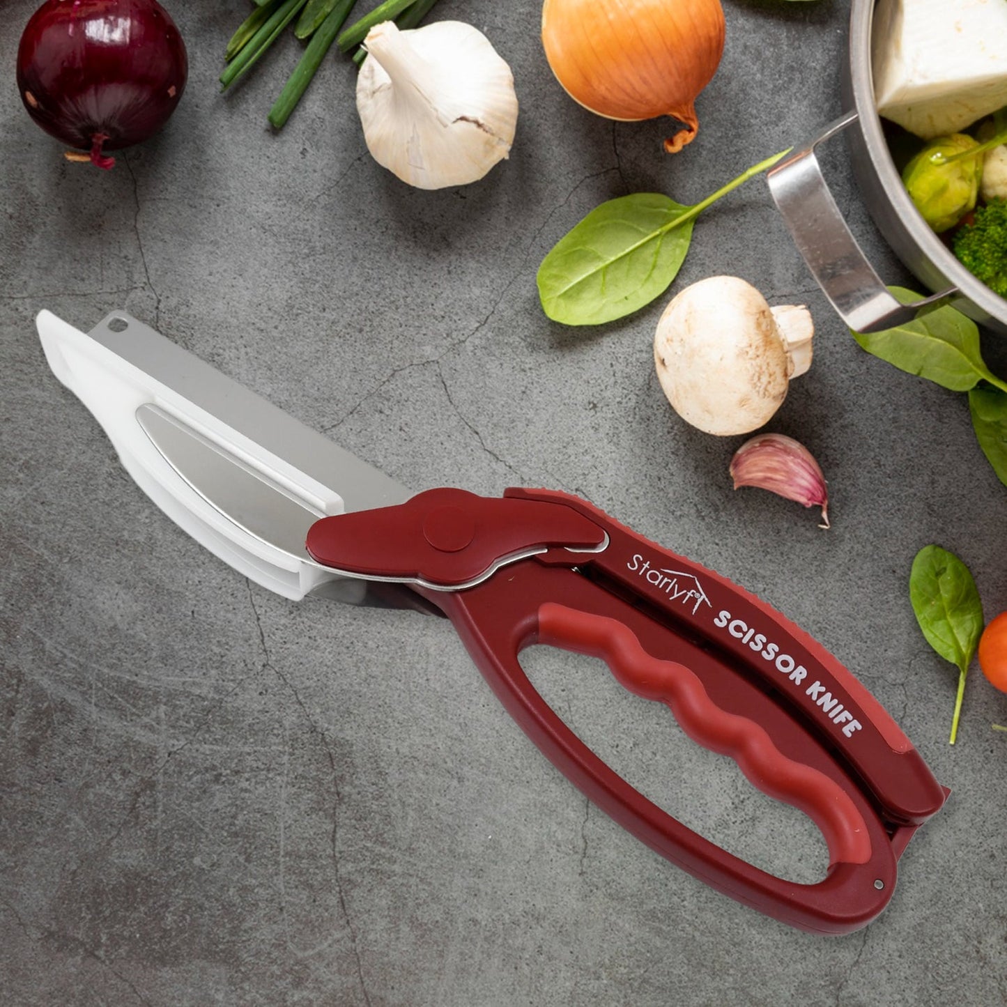 2 In 1 Kitchen Knife Scissor With Spring Locking Hinge And Chopping Board (1 Pc  With Card Packing) - Happy Price - Image 4