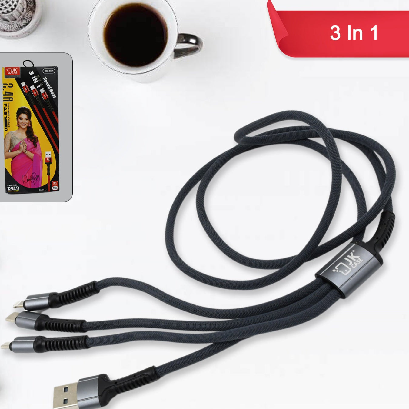 3 In 1 Multi Super Fast Charging Cable (1 Pc  1200 Mm) - Happy Price - Image 1