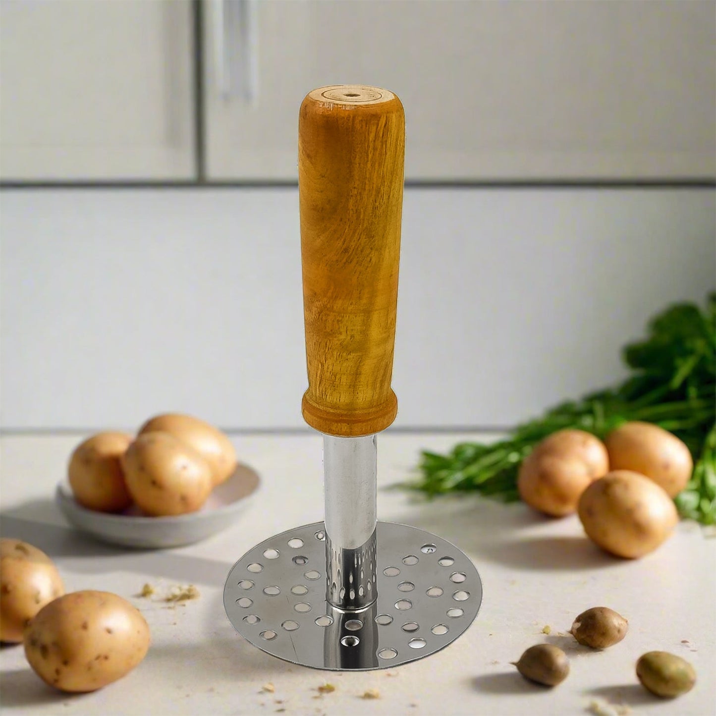 High Grade Stainless Steel Potato Masher Paubhaji  Pav Bhaji Masher With Wooden Handle (1 Pc) - Happy Price - Image 5