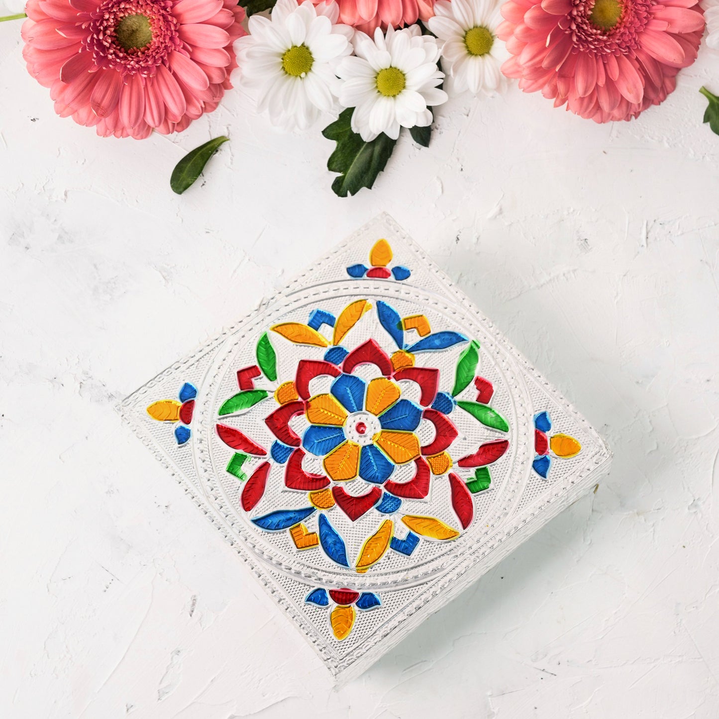 Handicraft Meenakari Wooden Chowki Puja Bajot For Home  Office Decor For Puja Multicolour (1 Pc Set) - Happy Price - Image 4