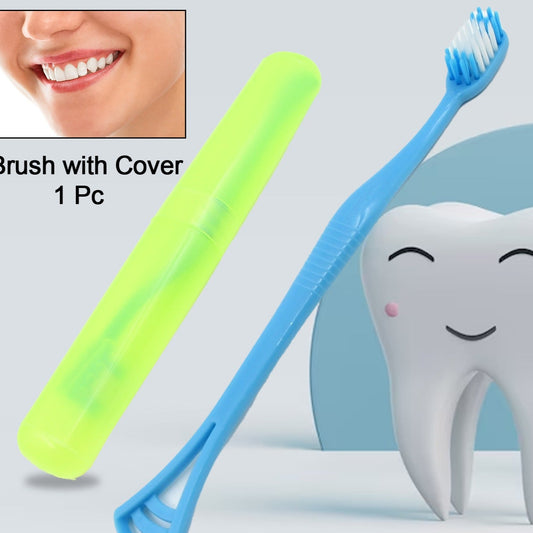 2 In 1 Soft Toothbrush And Tongue With Toothbrush Cover Cleaner Scraper For Men And Women Kids Adults Plastic Toothbrush Cover  Case  Holder (1 Pc) - Happy Price - Image 1
