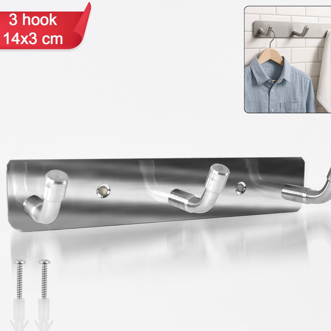 Stainless Steel Wall Mounted Coat 3 Hook Rack (14x3  1 Pc) - Happy Price - Image 1
