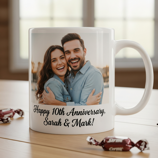 Mug with a printed photo of a couple and 'Happy 10th Anniversary, Sarah & Mark!' text on a wooden surface.