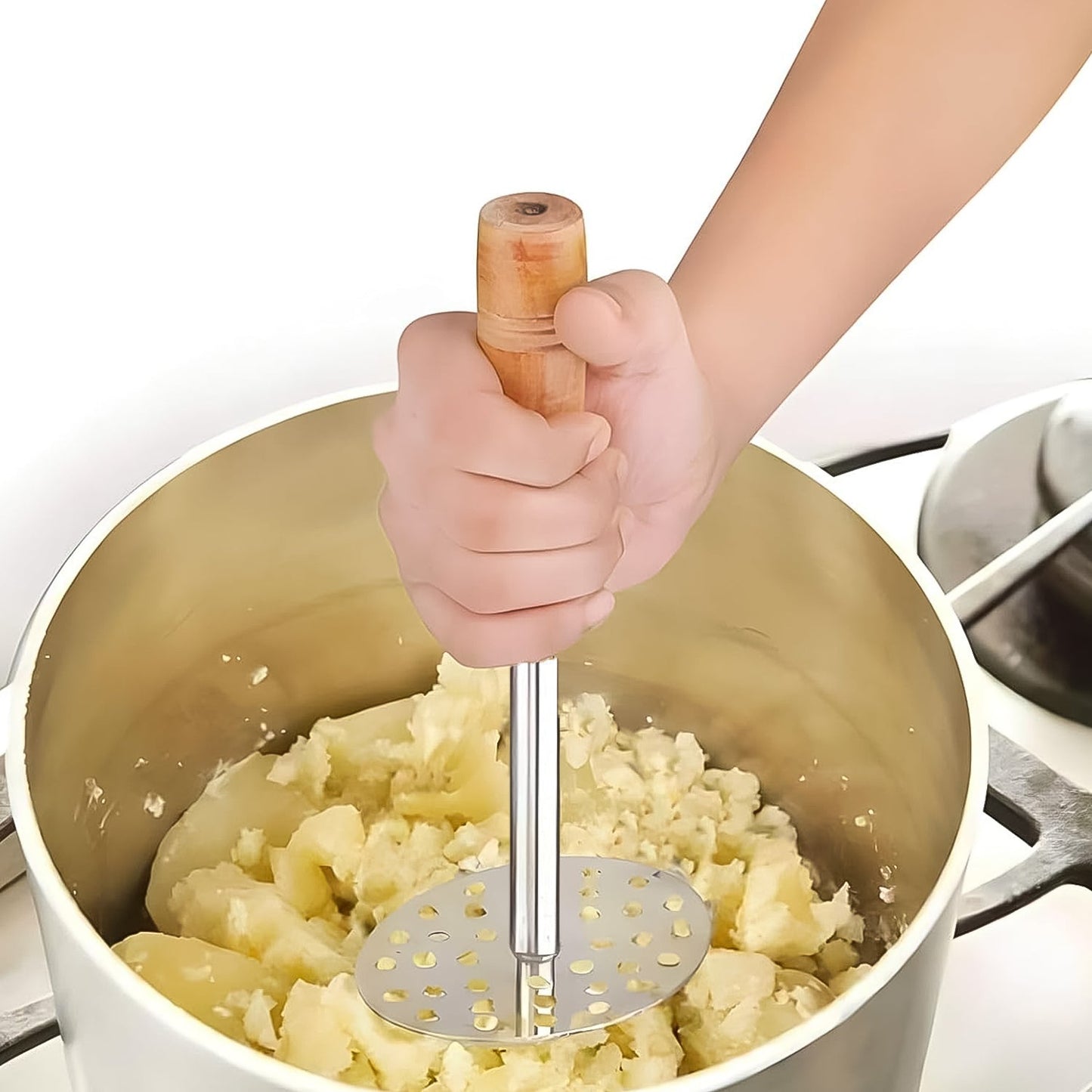 High Grade Stainless Steel Potato Masher Paubhaji  Pav Bhaji Masher With Wooden Handle (1 Pc) - Happy Price - Image 3
