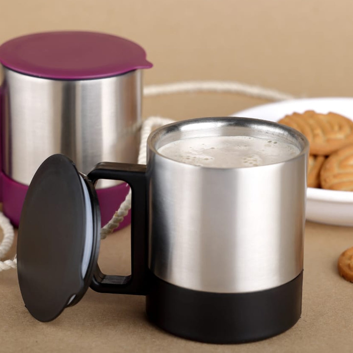 Stainless Steel Coffeetea Cup Stainless Steel Lid Cover Hot Coffeetea Mug Hot Insulated Double Wall Stainless Steel Coffee And Milk Cup With Lid  Handle Easy To Carry - Coffee Cup (1 Pc) - Happy Price - Image 3