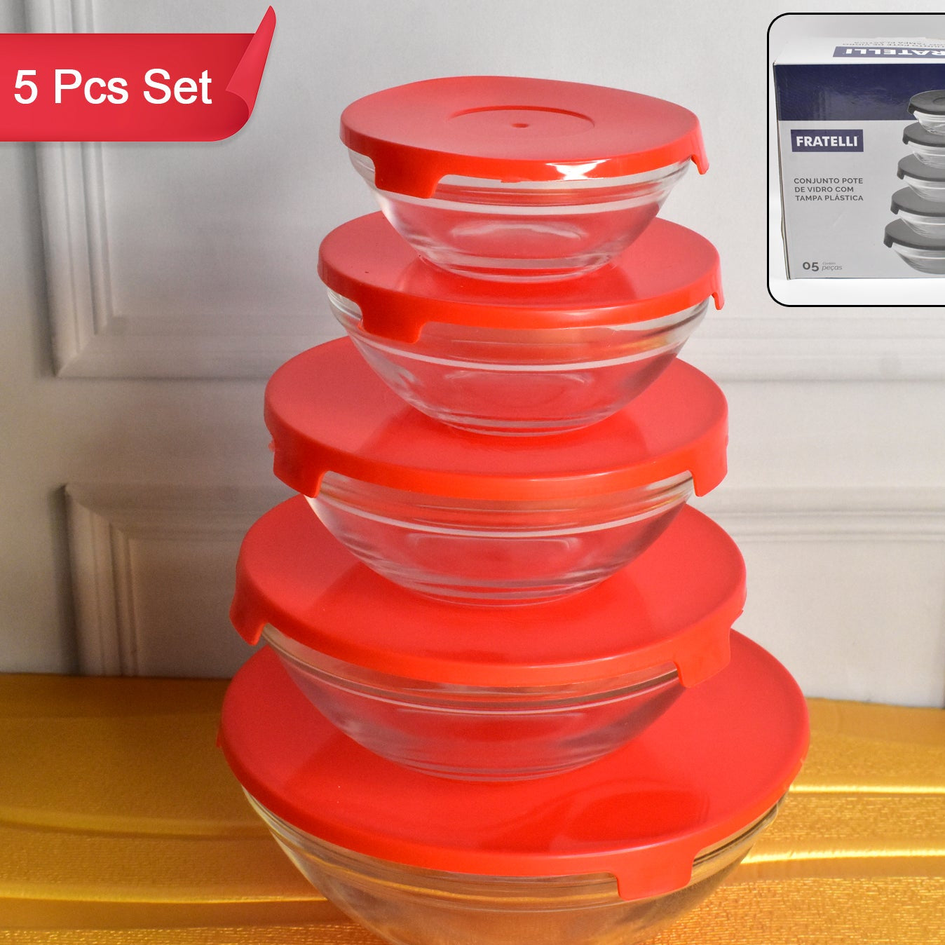 Modern Glass Bowl Set Mixing  Storage Bowls With Red Lids (5 Pcs Set) - Happy Price - Image 1