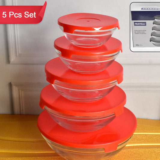 Modern Glass Bowl Set Mixing  Storage Bowls With Red Lids (5 Pcs Set) - Happy Price - Image 1