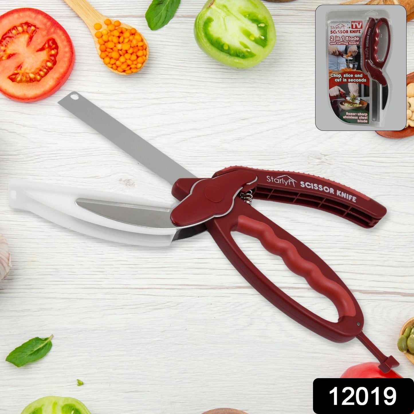 2 In 1 Kitchen Knife Scissor With Spring Locking Hinge And Chopping Board (1 Pc  With Card Packing) - Happy Price - Image 2
