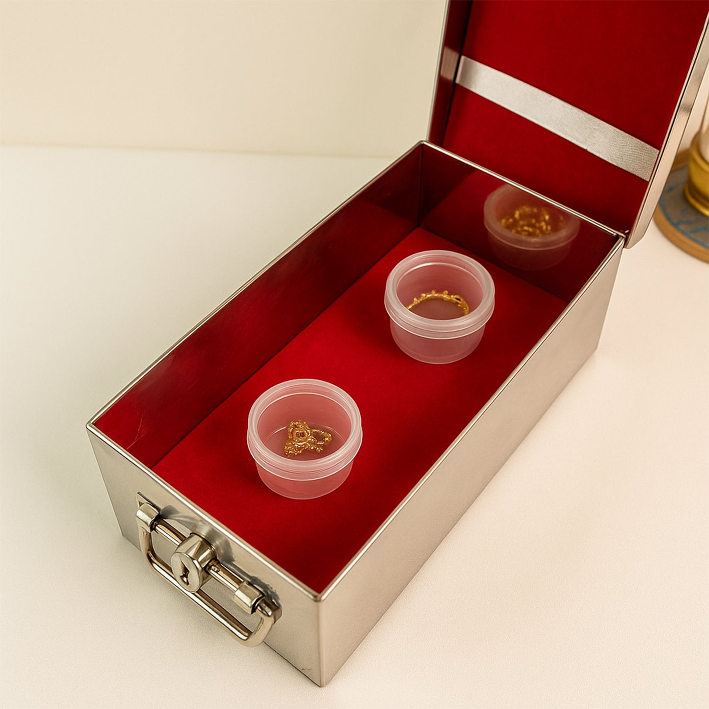 Premium Stainless Steel Velvet Lined Jewellery Storage Box With Lock And Red Interior - Happy Price - Image 5