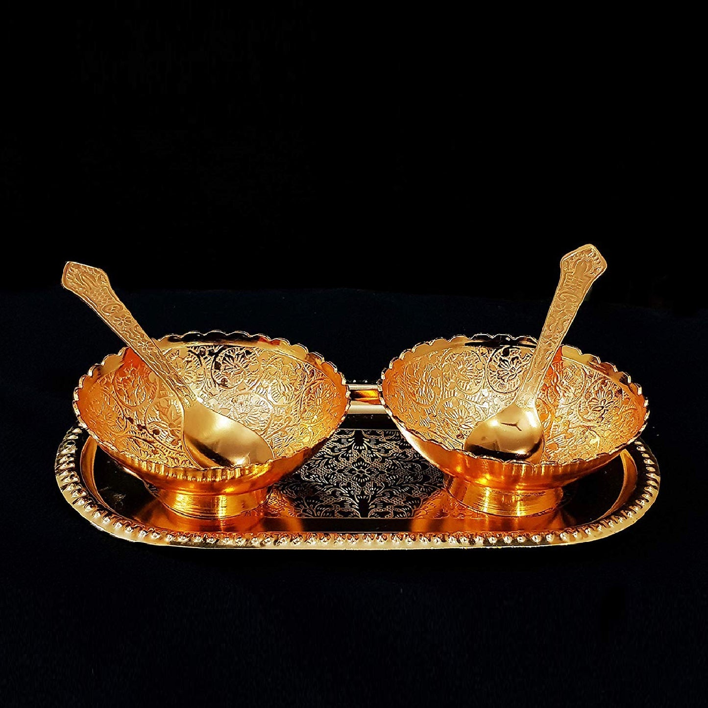 Gold Silver Plated 2 Bowl 2 Spoon Tray Set Brass With Red Velvet Gift Box Serving Dry Fruits Desserts Gift - Happy Price - Image 4