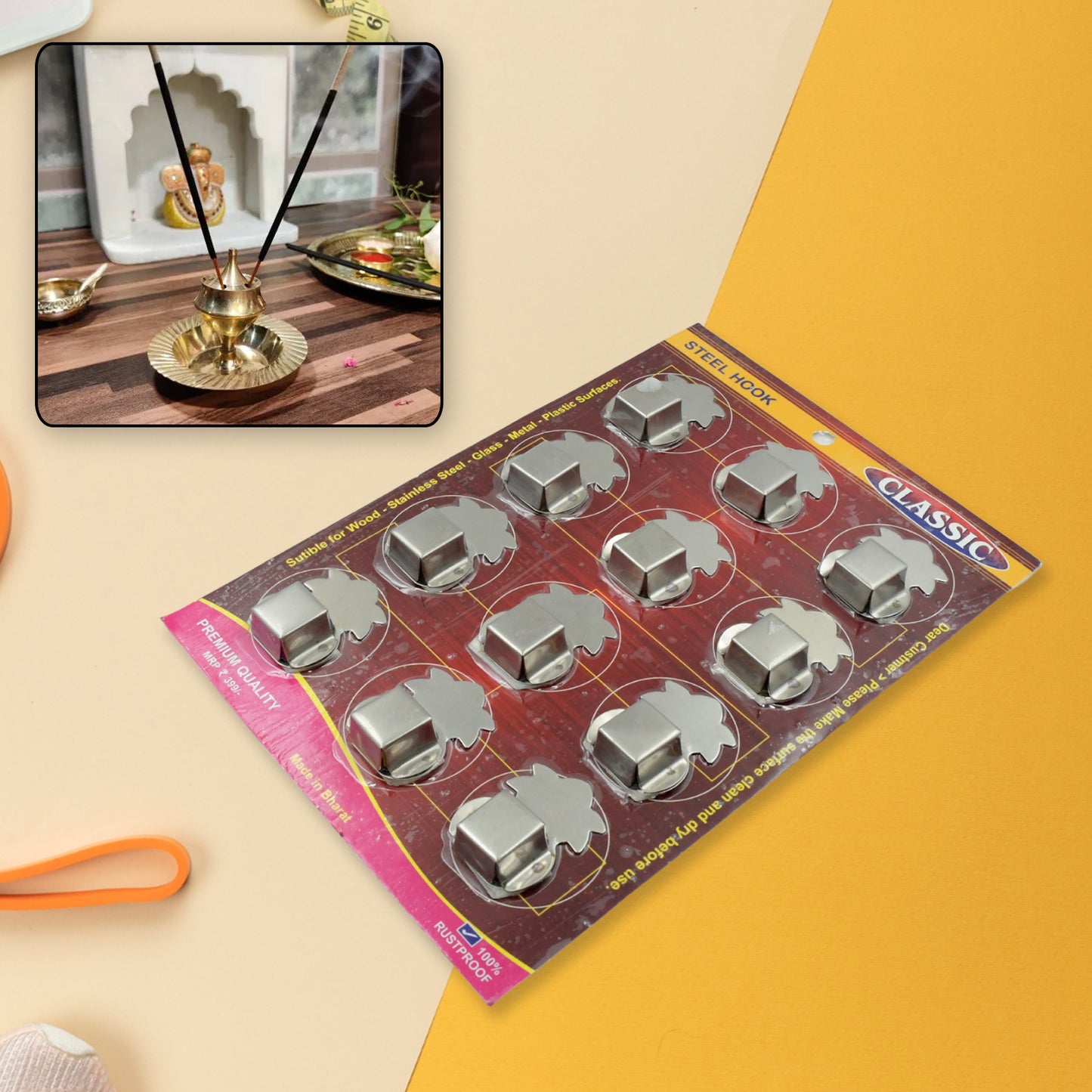 Stainless Steel Agarbatti Stand Agarbatti Holder Stand Self Adhesive Wall Mounted Stand Wall Hook Capacity To Hold 3 Agarbatti - Pack Of 12 Hooks - Happy Price - Image 2