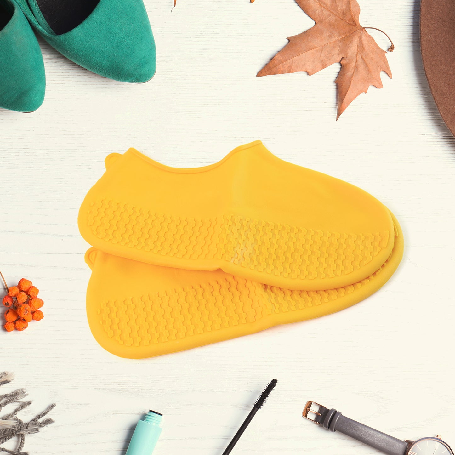 Yellow Reusable Silicone Shoe Covers for Rain and Snow - Waterproof, Anti-Skid, and Foldable Boot Protectors (1 Pair) - Happy Price - Image 3