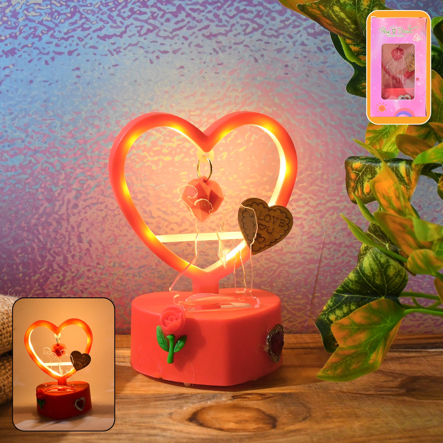 Romantic Heart LED Light Showpiece with Hanging Hearts & Rose - 1 Pc