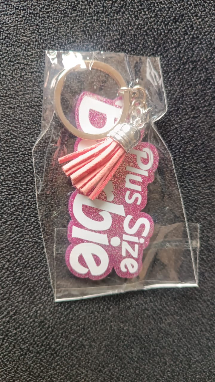 Glitter Finish Text Keychain with Tassel Charm - "Plus Size Barbie" Design (1 Pc)