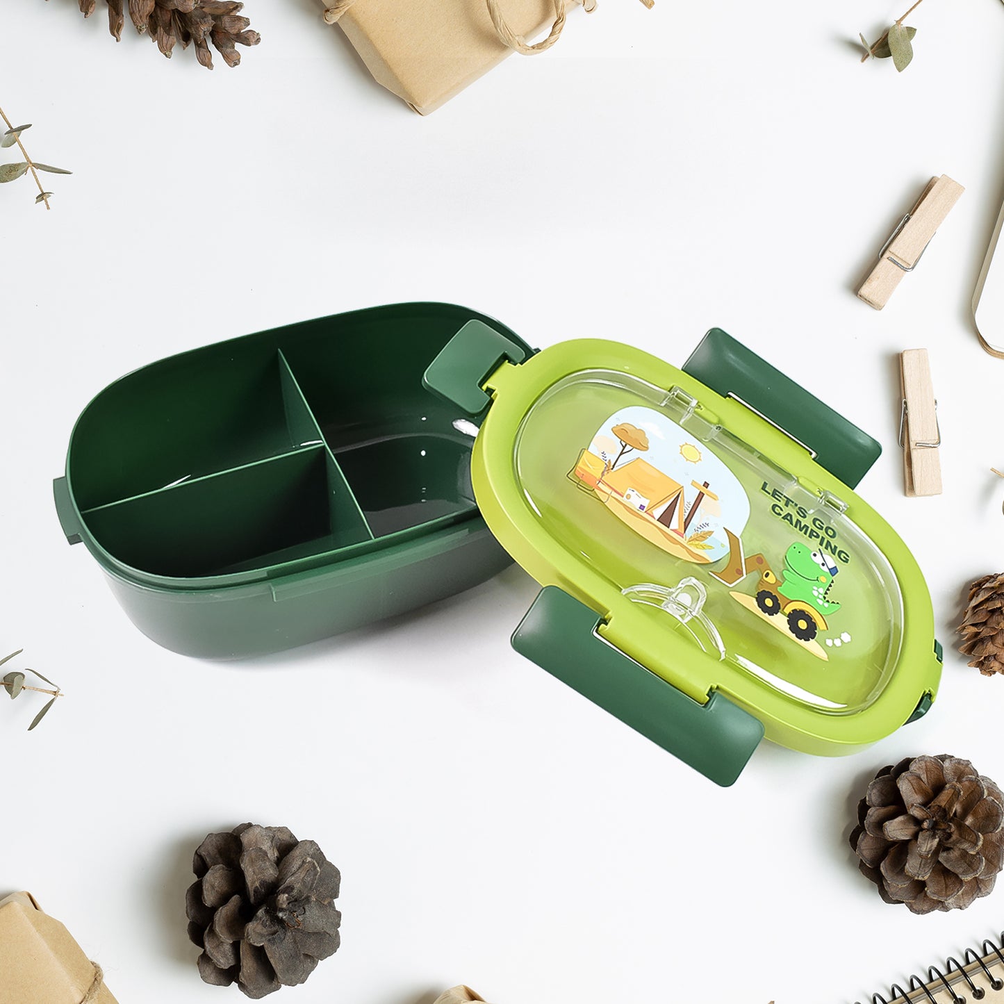 Plastic Lunch Box Leak Proof 3 Compartment With Bottle Spoon And Fork (1 Set) - Happy Price - Image 3