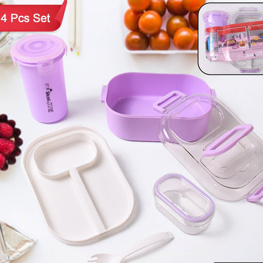 Plastic Lunch Box With Small Box Bottle  Sponn For Kids Lunch Box (4 Pc Set) - Happy Price - Image 1