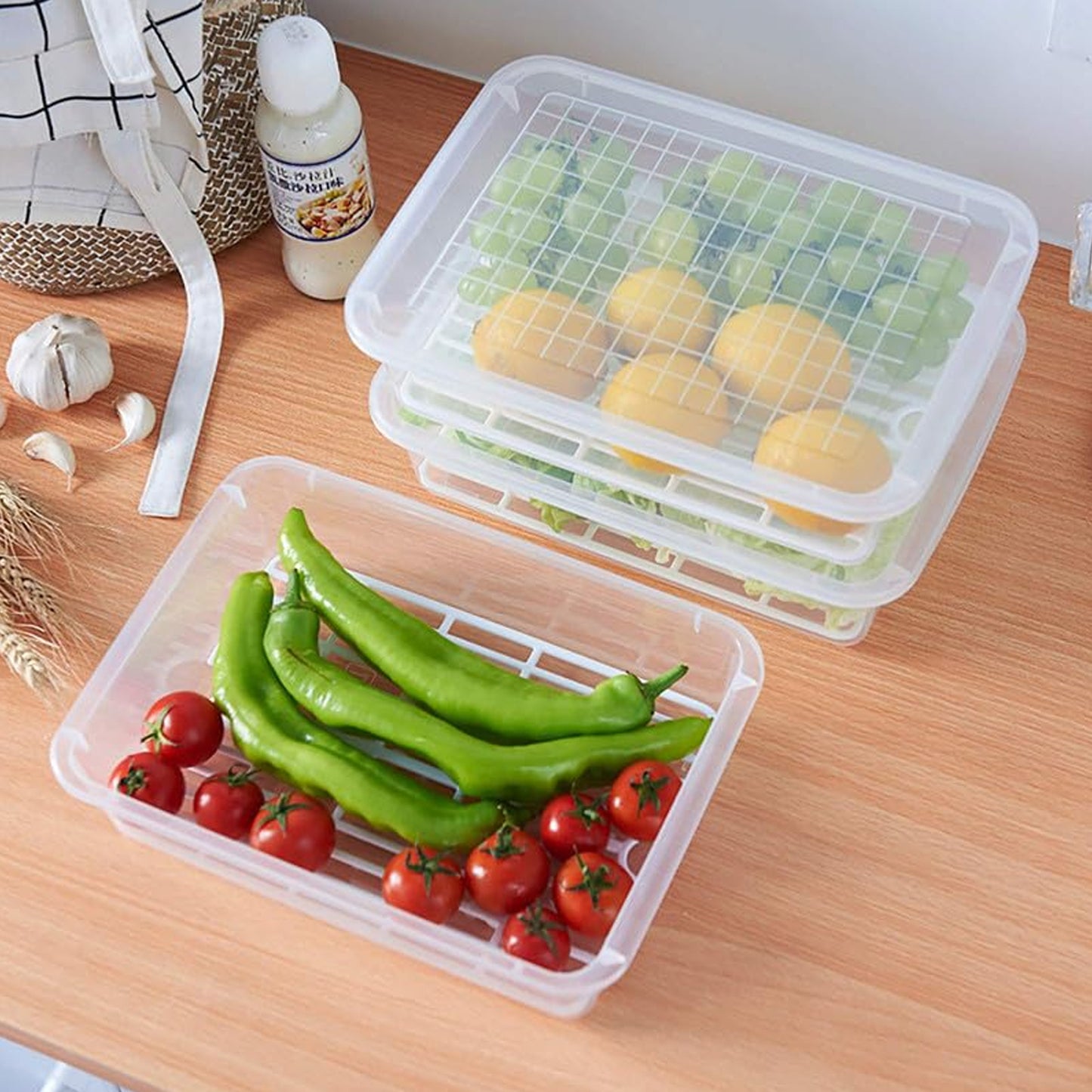 Plastic Food Storage Containers With Removable Drain Tray And Lid (3 Pcs Set) - Happy Price - Image 3