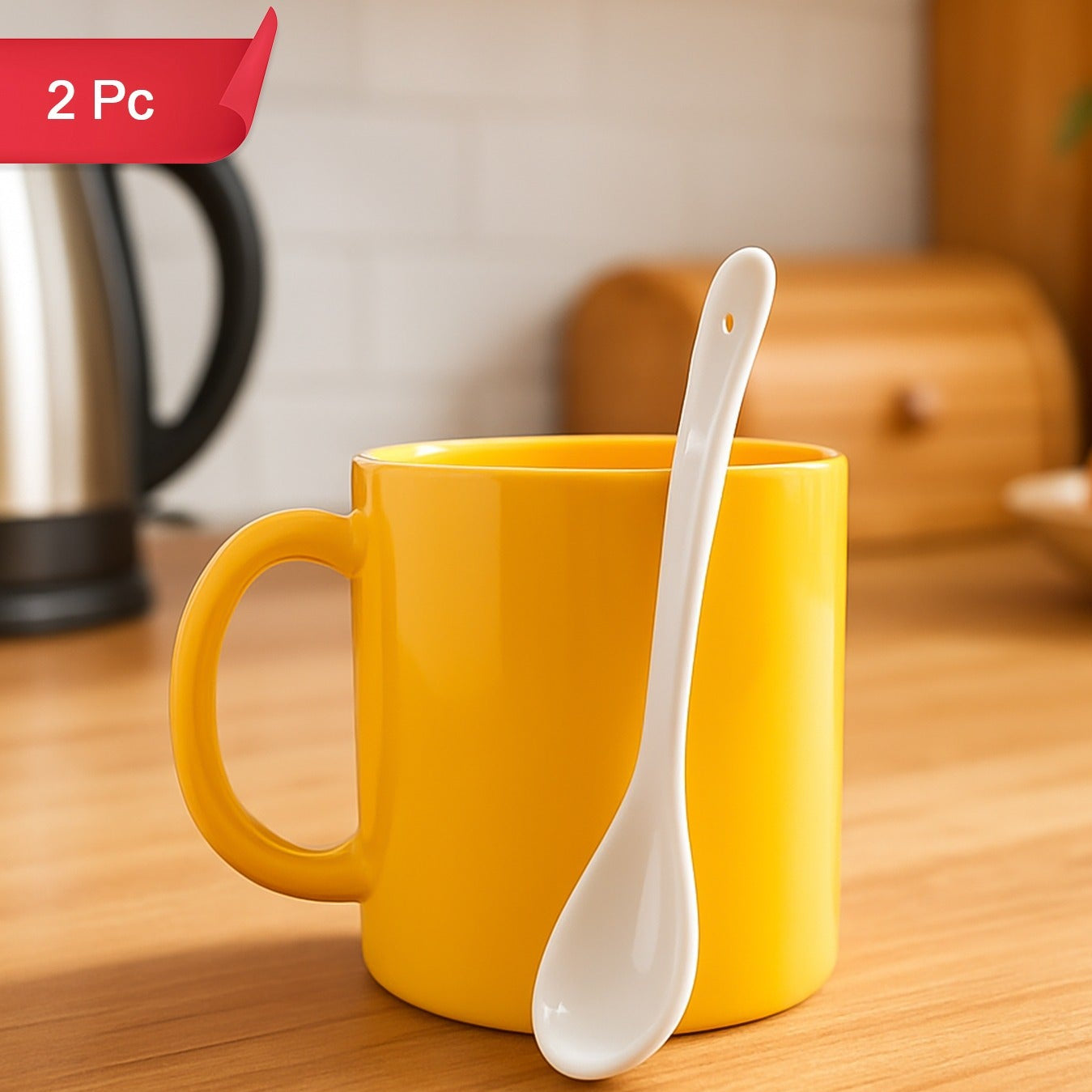 Ceramic Mug with Spoon Set for Hot & Cold Drinks - Glossy Finish