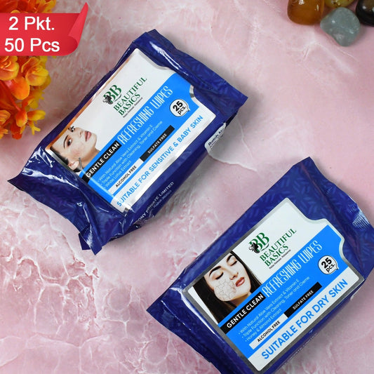 Beautiful Basics Dry  Sensitive Skin Face Wipes (2 Pkts X 50 Pcs Wipes) - Happy Price - Image 1