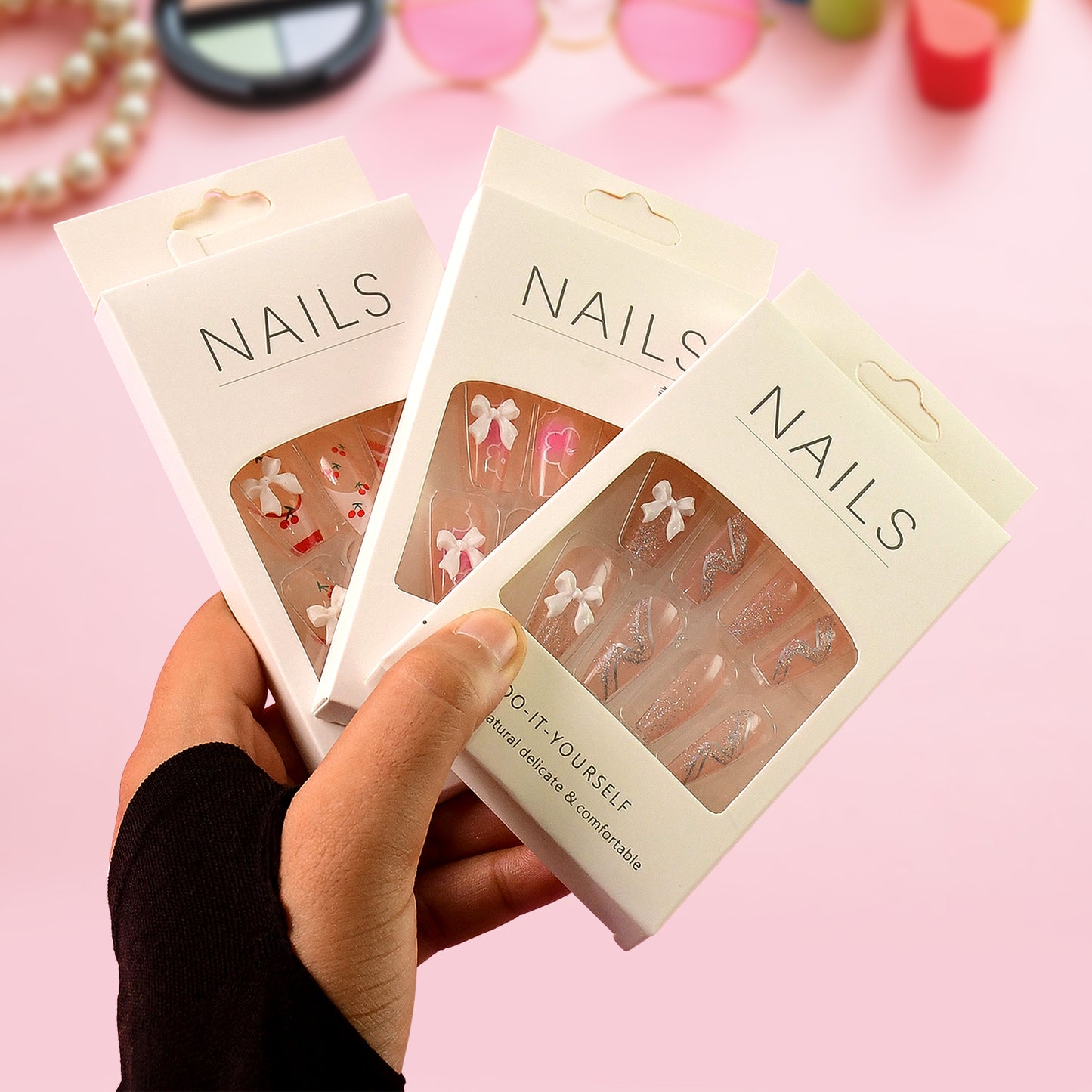 12 Pc Reusable Artificial Nails with Adhesive Stickers - DIY Glossy False Nails