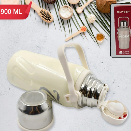 Stainless Steel Vacuum Insulated Water Bottle  Leak Proof Flask For Tea Coffee  Reusable Water Bottle With Hanging Strap  Bottle For Hot  Cold Drinks Wide Mouth Water Flask (900 Ml) - Happy Price - Image 1