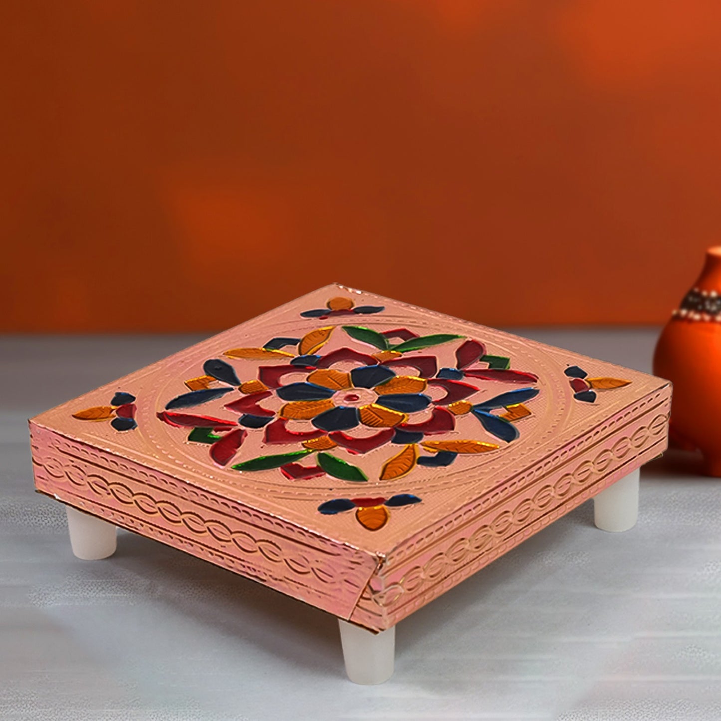 Handicraft Meenakari Wooden Chowki Puja Bajot For Home  Office Decor For Puja Multicolour (1 Pc Set) - Happy Price - Image 2