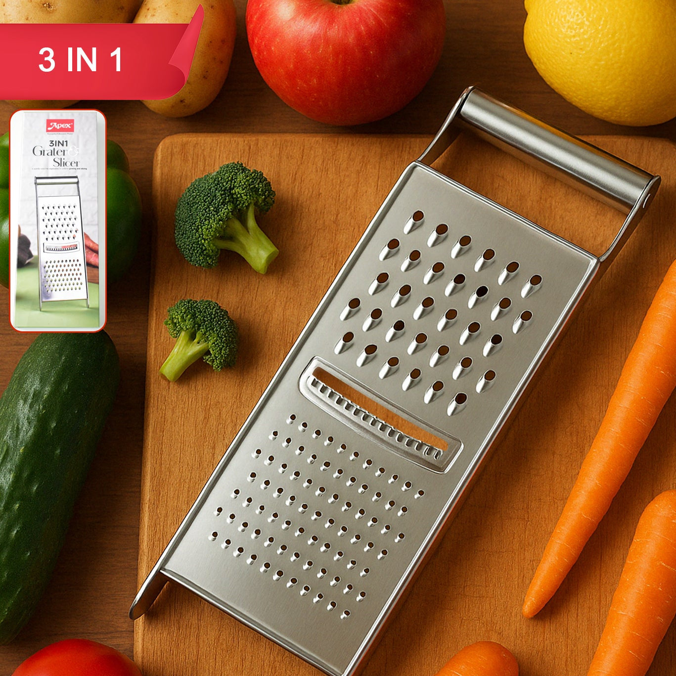 Apex Stainless Steel Grater  Slicer (3 In 1) - Happy Price - Image 1